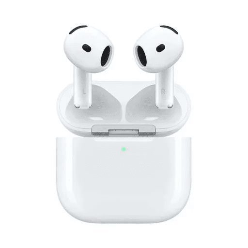 هدفون بیسیم اپل AirPods 4 سفید – نمای جلوی ایربادها و کیس شارژ